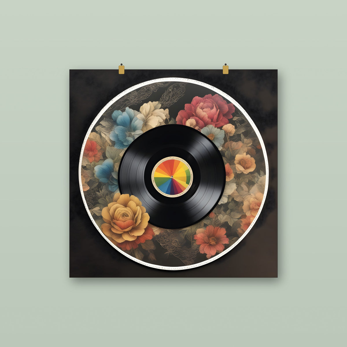 Floral vinyl record matte art print, 30 x 30 cm, hung on a sage green wall