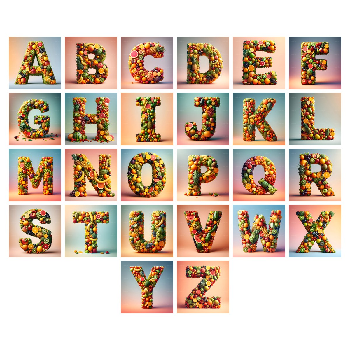 Fruit alphabet — all 26 letters A to Z