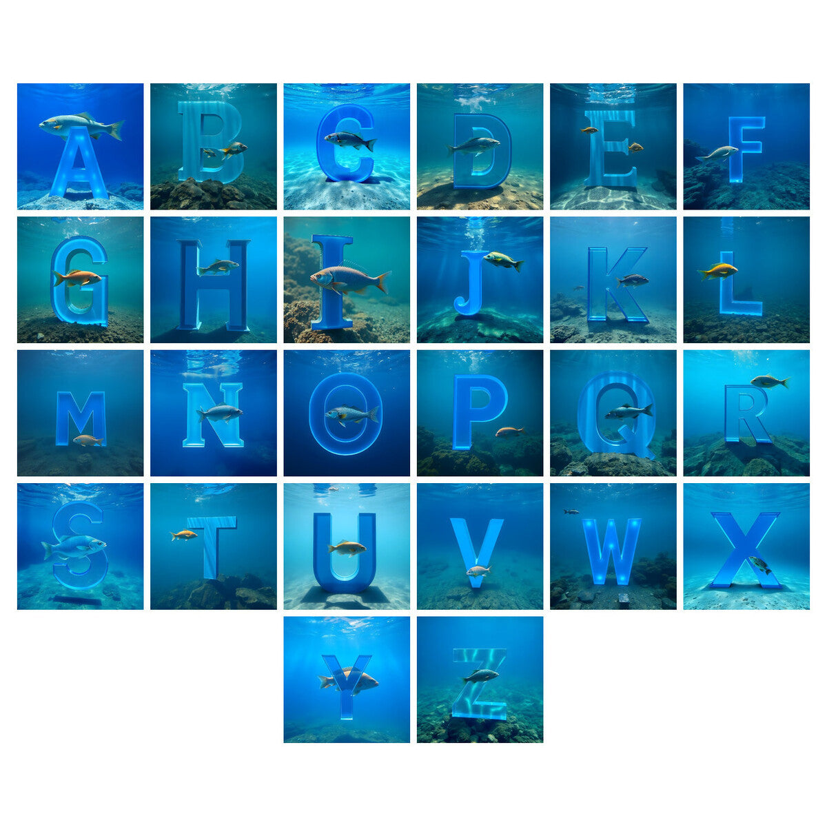 Underwater Fish Alphabet — choose your individual printable letter A to Z