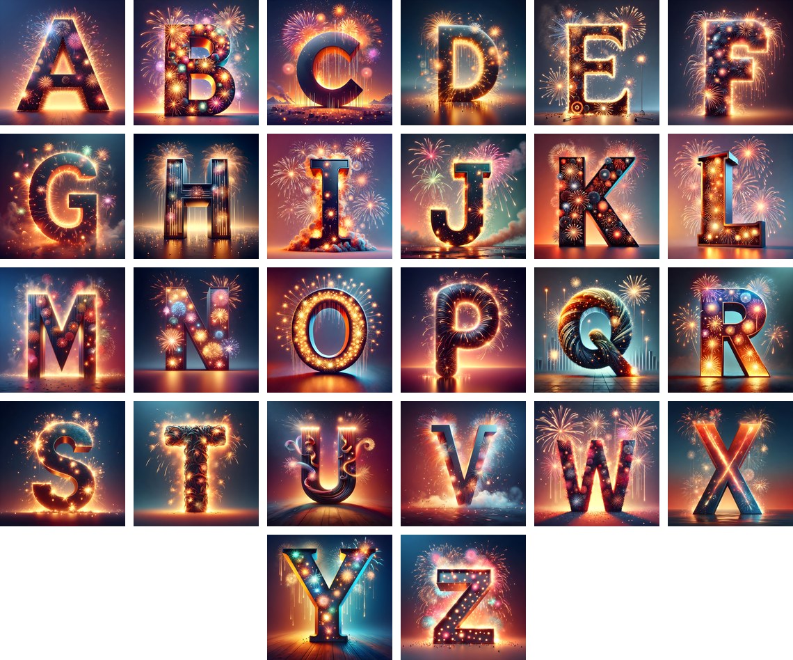 Fireworks alphabet — all 26 letters