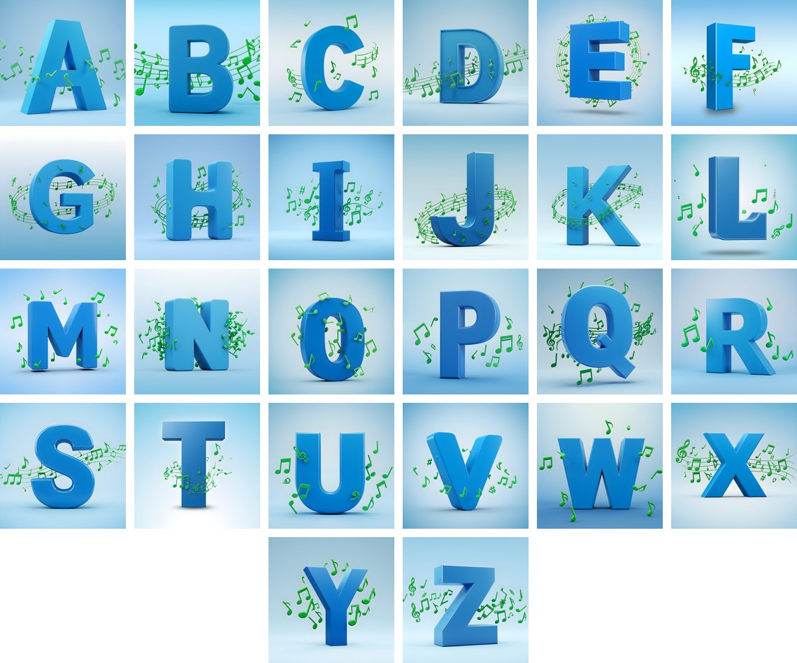 Blue Music Note alphabet — all 26 letters