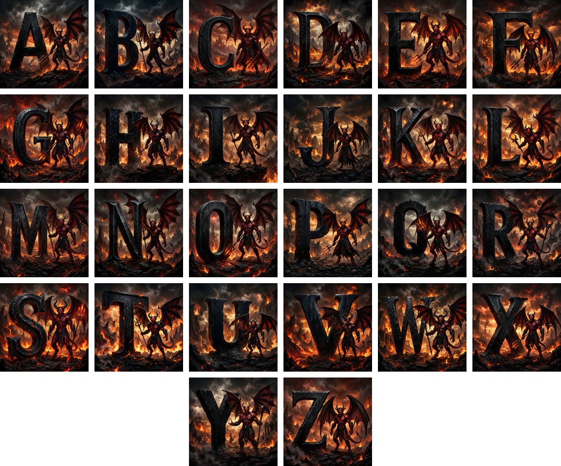 Hellfire alphabet — choose an individual printable letter