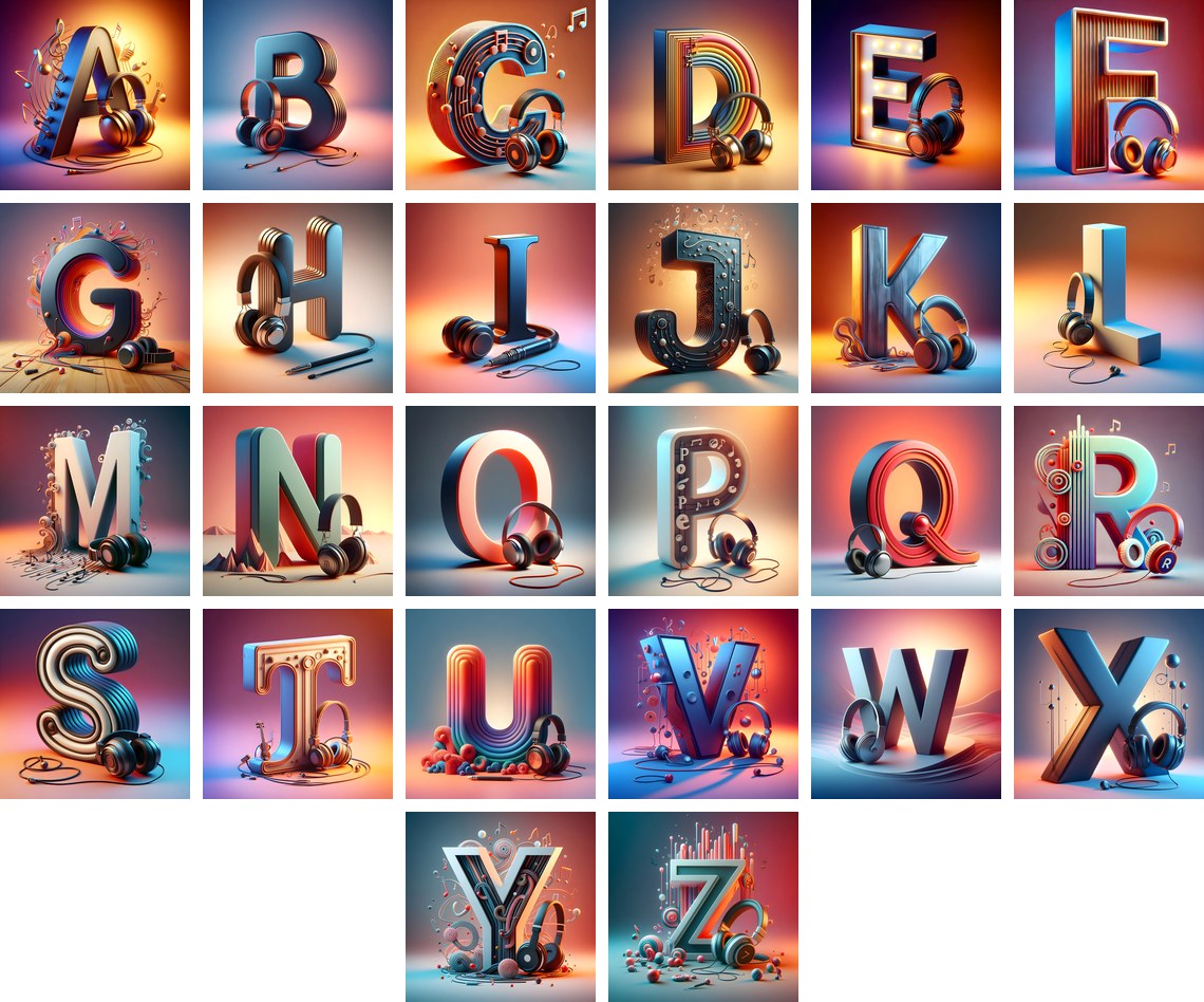 Headphones alphabet — all 26 letters