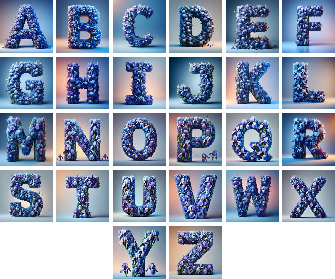 Iris Flower alphabet — choose an individual printable letter