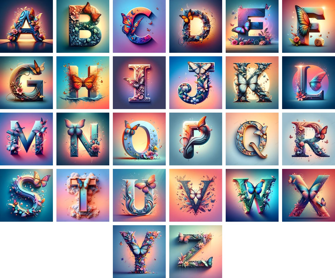 Butterfly alphabet — all 26 letters A to Z