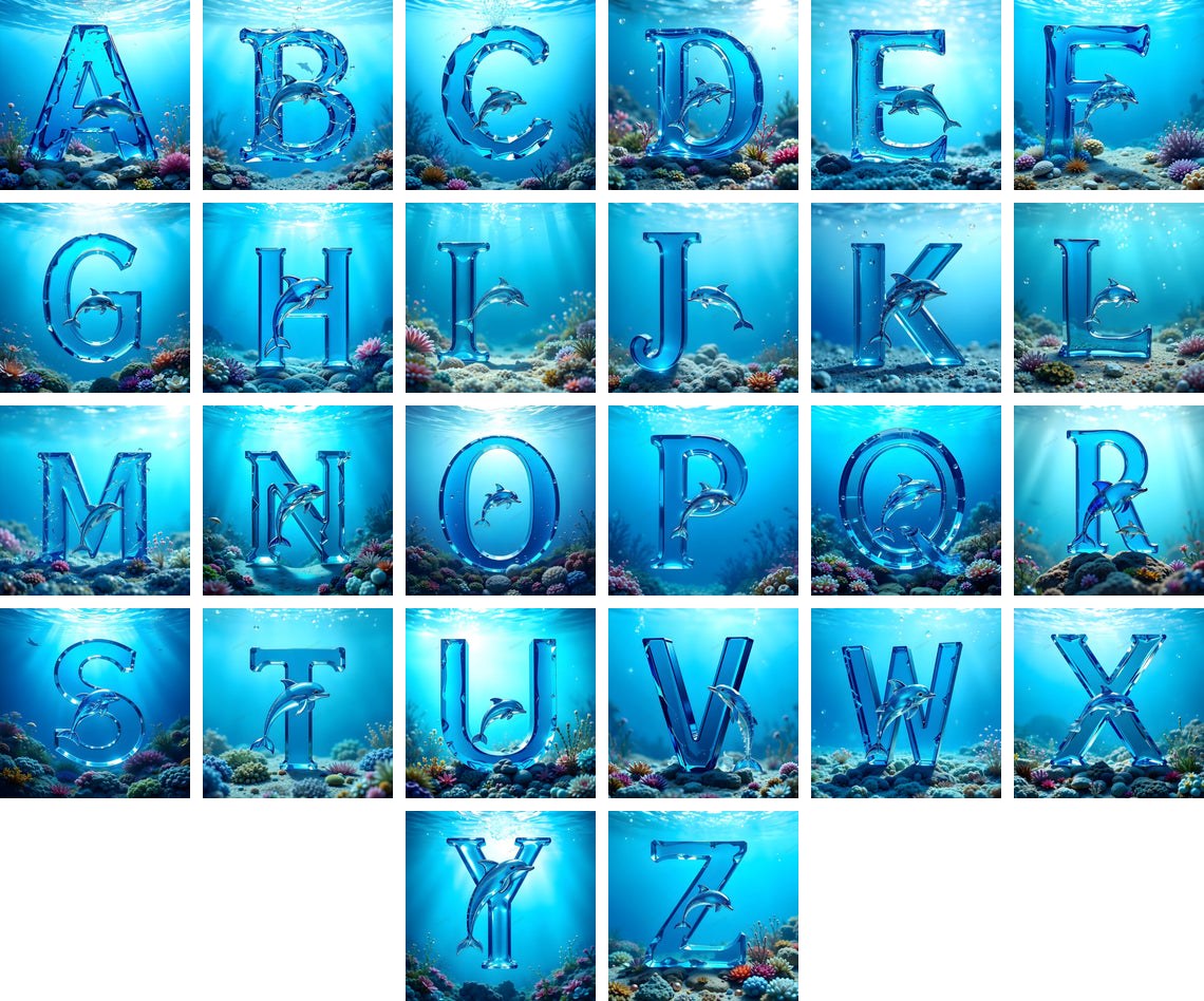 Dolphin alphabet — all 26 letters A to Z
