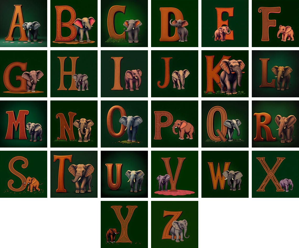 Elephant alphabet — all 26 letters A to Z