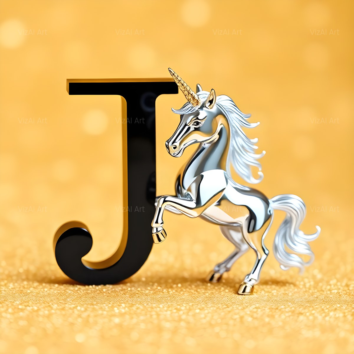 Chrome Unicorn Glitter alphabet — printable letter J