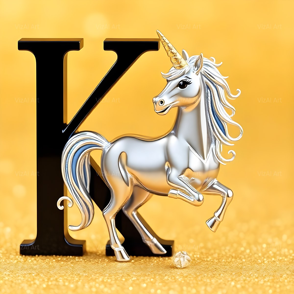Chrome Unicorn Glitter alphabet — printable letter K