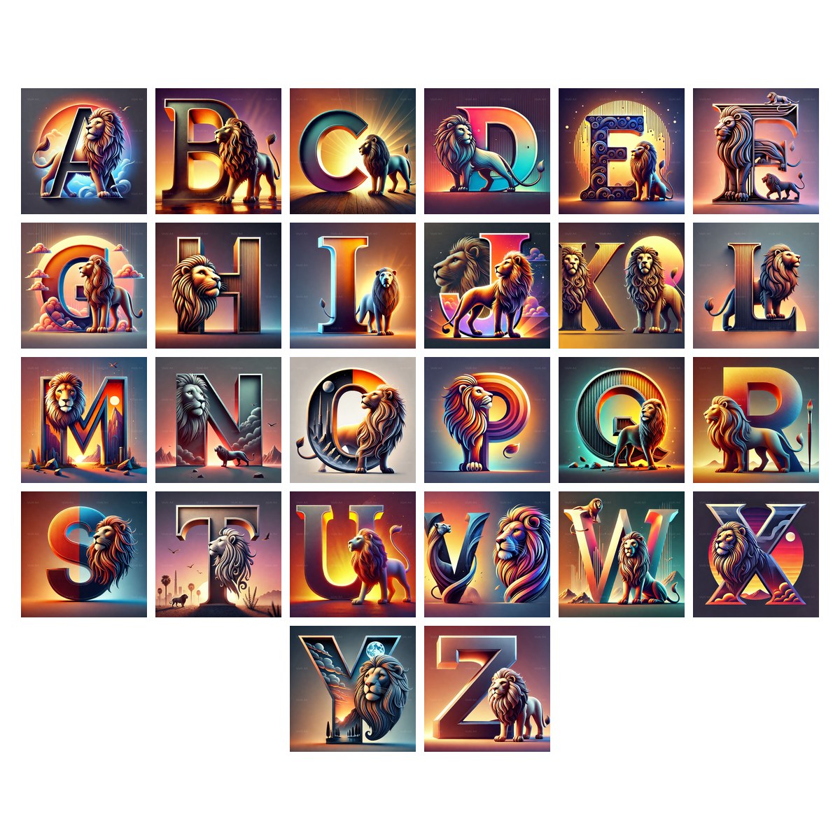Lion Alphabet — choose your individual printable letter A to Z