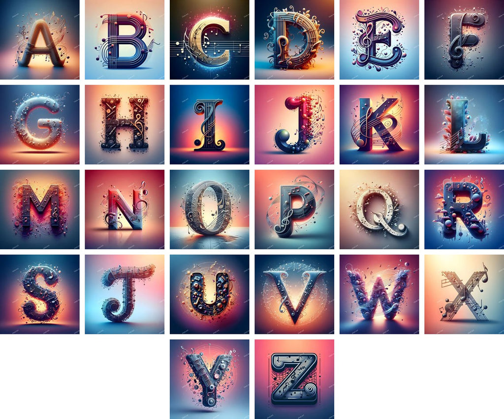 Musical Notes alphabet — all 26 letters A to Z