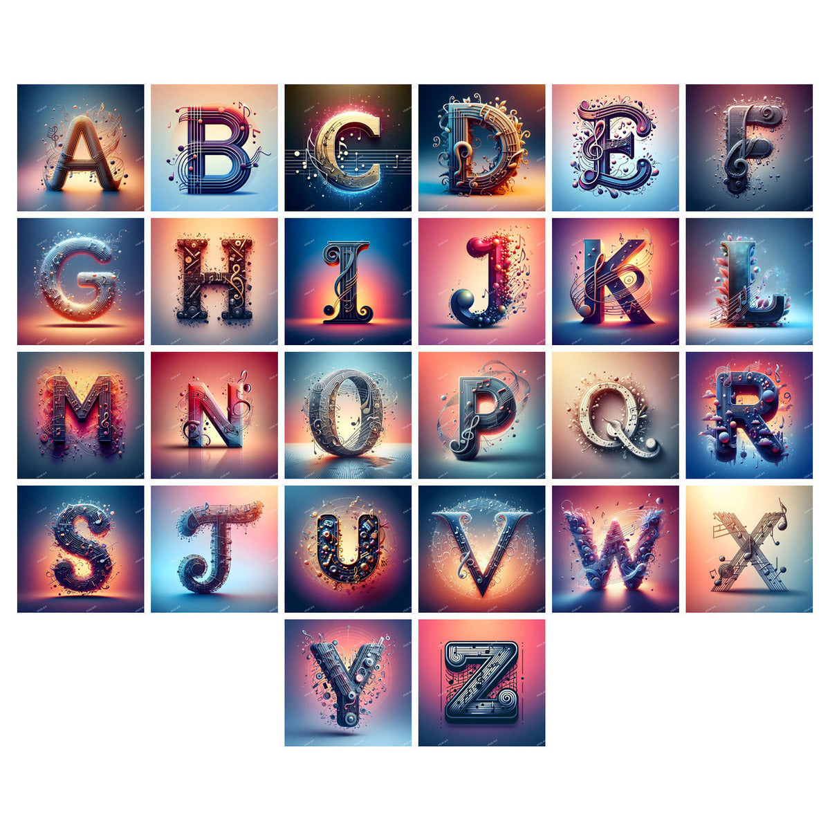 Musical Notes Alphabet — choose your individual printable letter A to Z