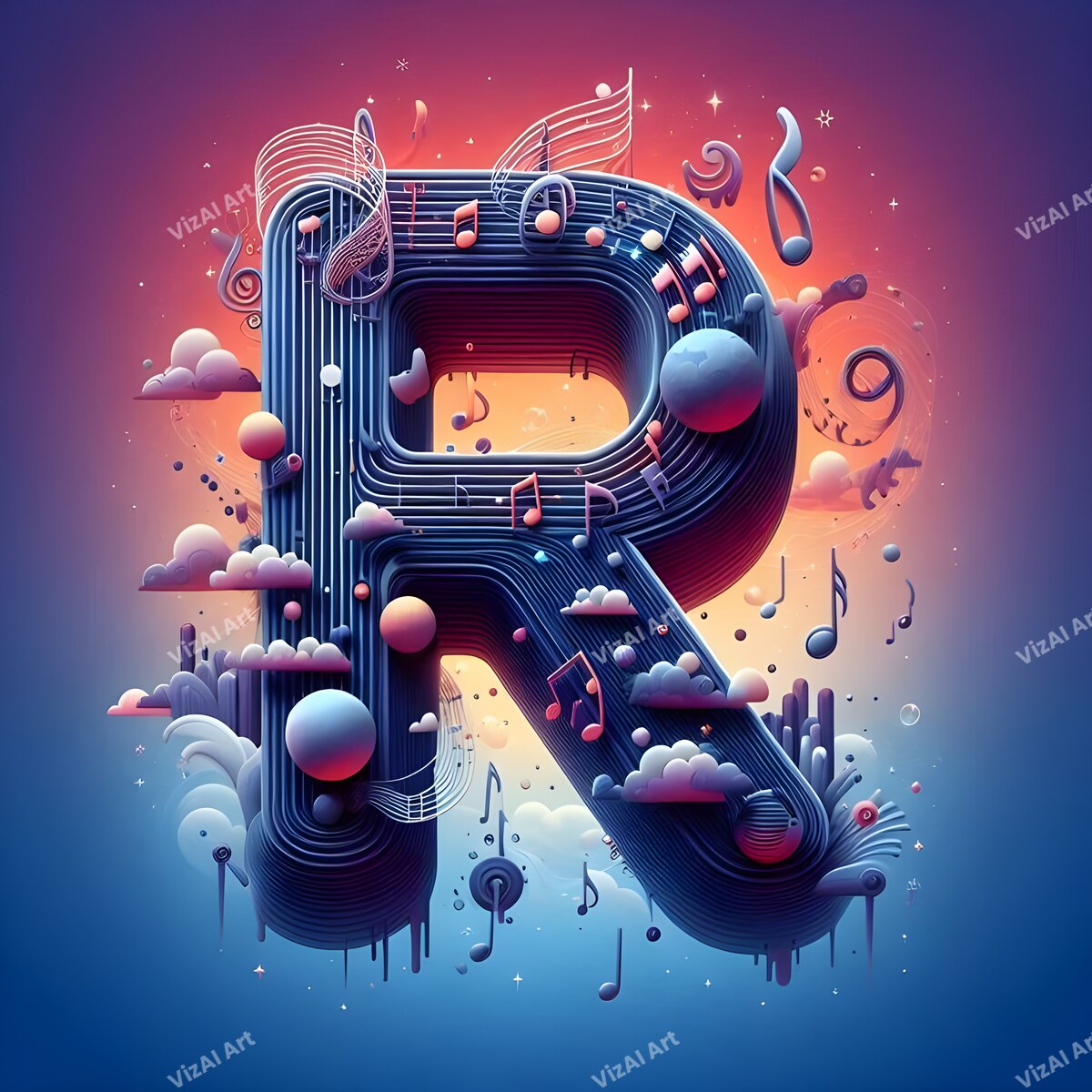 Letter R musical notes alphabet art print