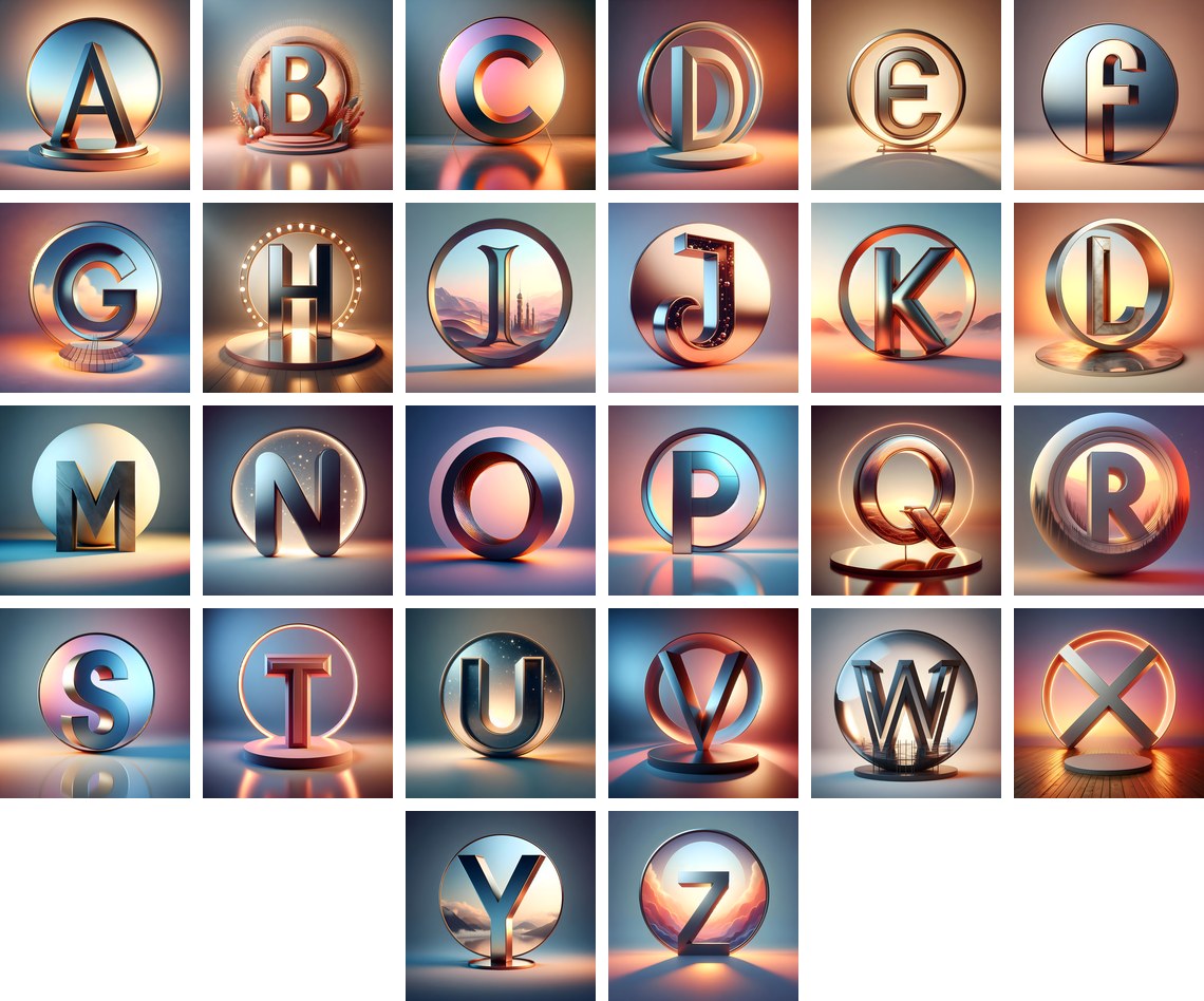 Golden Mirror alphabet — all 26 letters