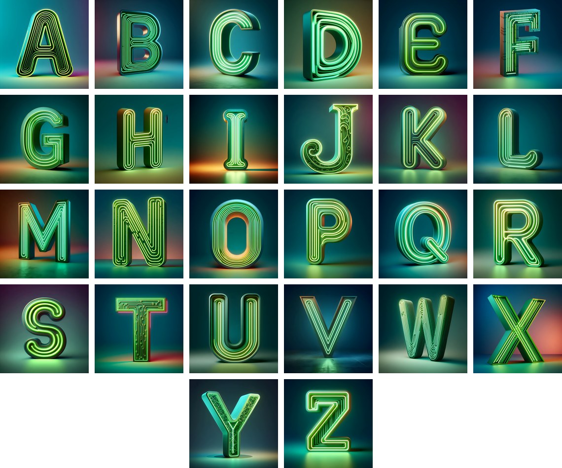 Neon Alphabet — choose your individual printable letter A to Z