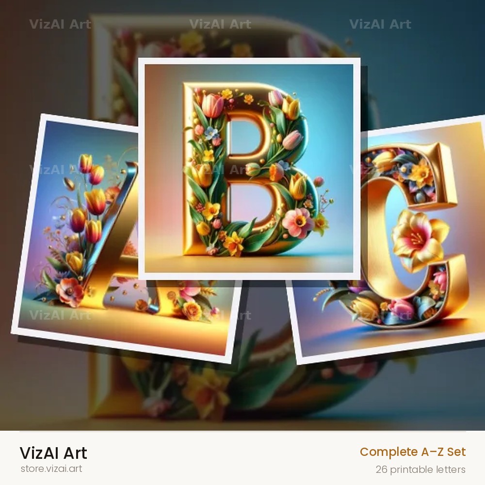 Gold Leaf Blossom alphabet — choose an individual printable letter