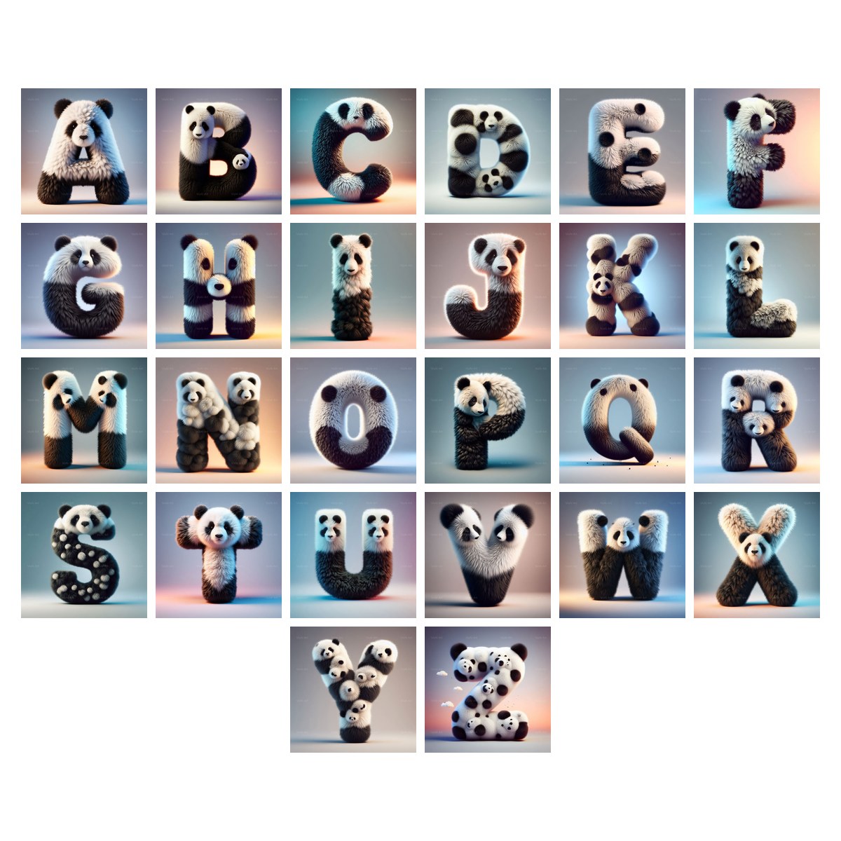 Panda alphabet — all 26 letters