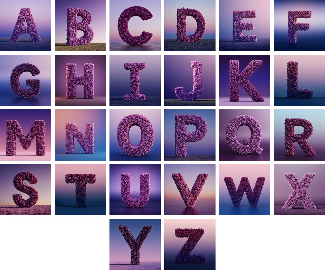 Purple Rose Alphabet — choose your individual printable letter A to Z
