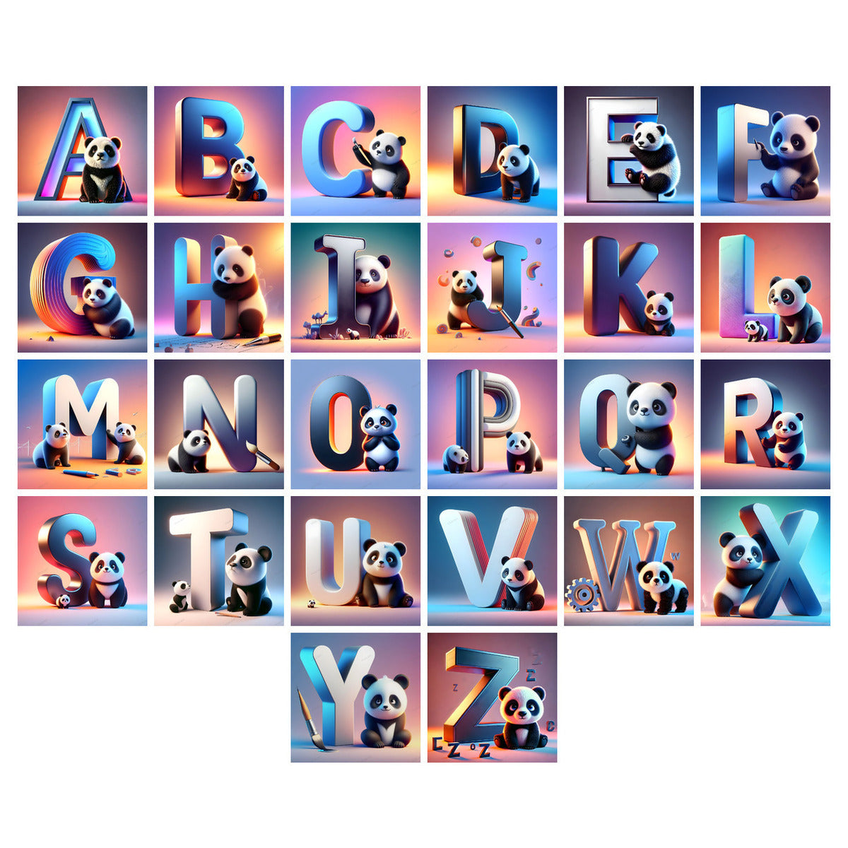 Panda Alphabet — choose your individual printable letter A to Z