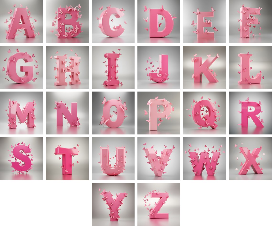 Pink Butterfly Alphabet — choose your individual printable letter A to Z