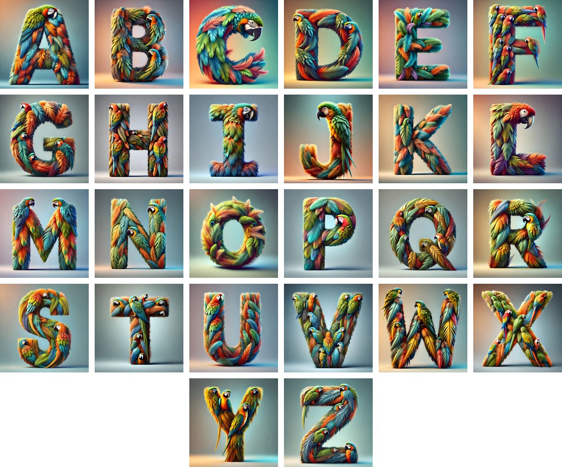 Feather alphabet — all 26 letters