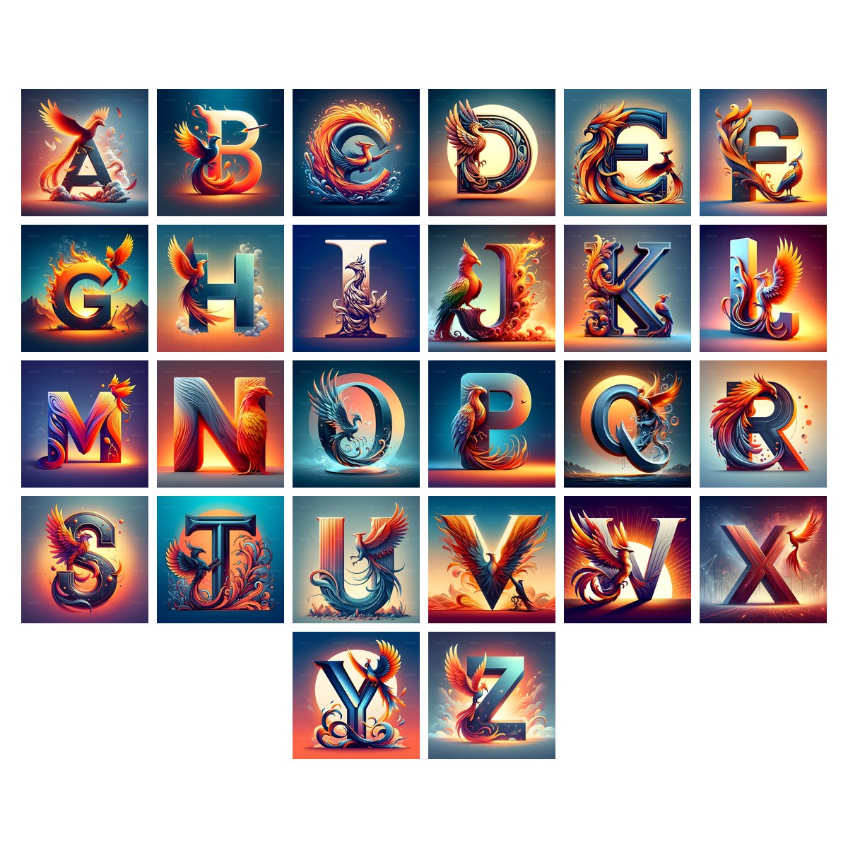 Phoenix Alphabet — choose your individual printable letter A to Z