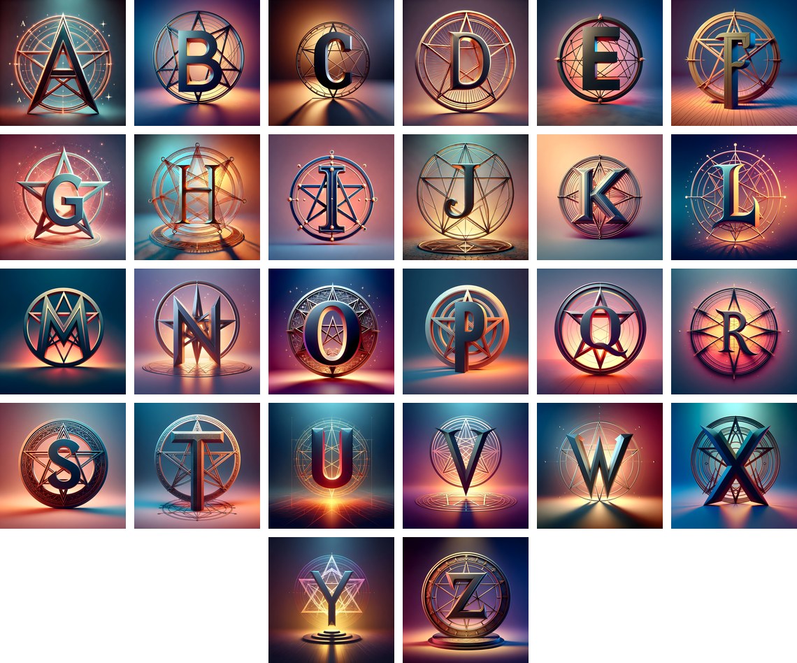 Pentagram Alphabet — choose your individual printable letter A to Z