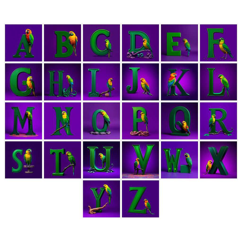 Parrot Alphabet — choose your individual printable letter A to Z