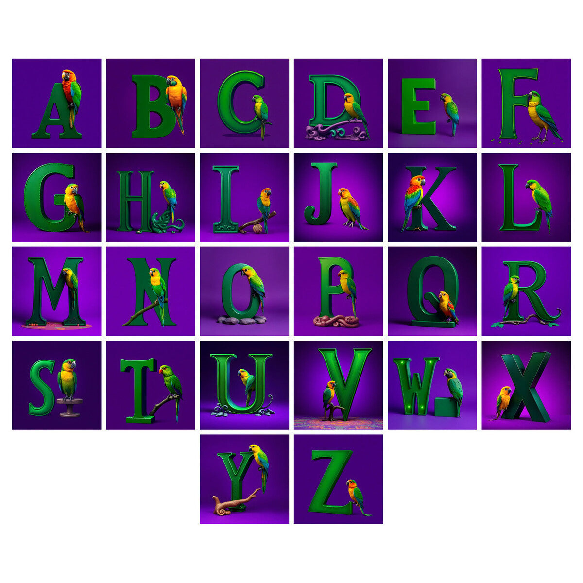 Parrot Alphabet — choose your individual printable letter A to Z