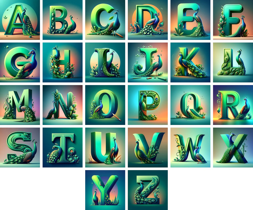 Peacock Alphabet — choose your individual printable letter A to Z