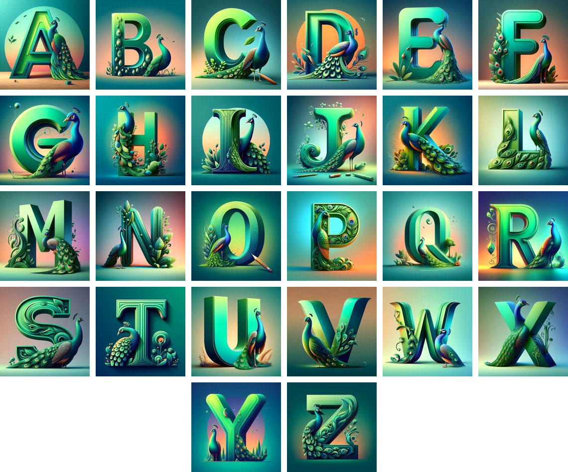 Peacock Alphabet — choose your individual printable letter A to Z