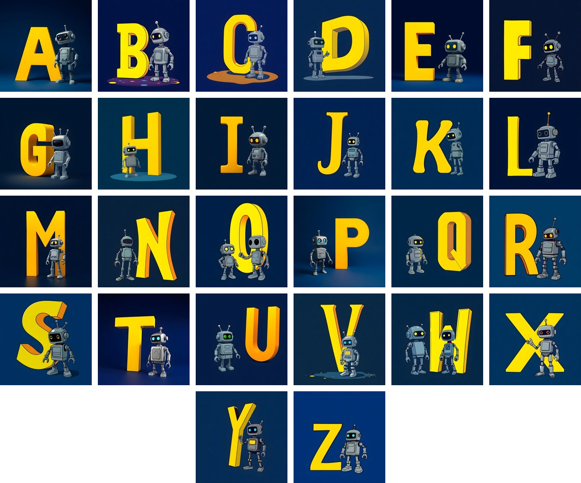 Robot Alphabet — choose your individual printable letter A to Z