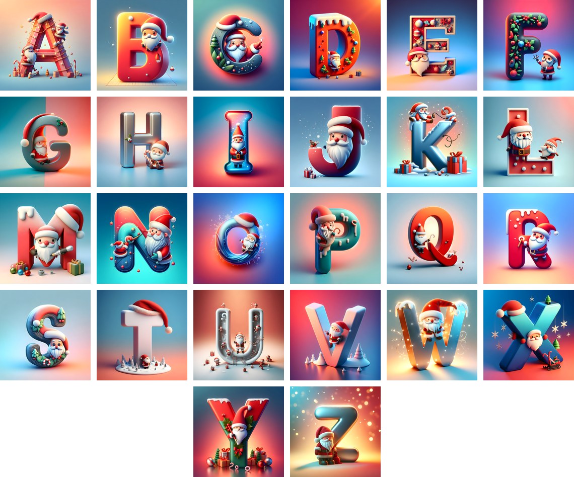 Santa Claus Alphabet — choose your individual printable letter A to Z