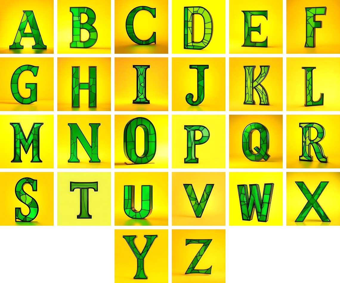 Green Stained Glass alphabet — all 26 letters