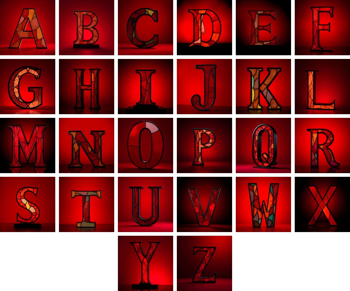 Red Stained Glass Alphabet — choose your individual printable letter A to Z