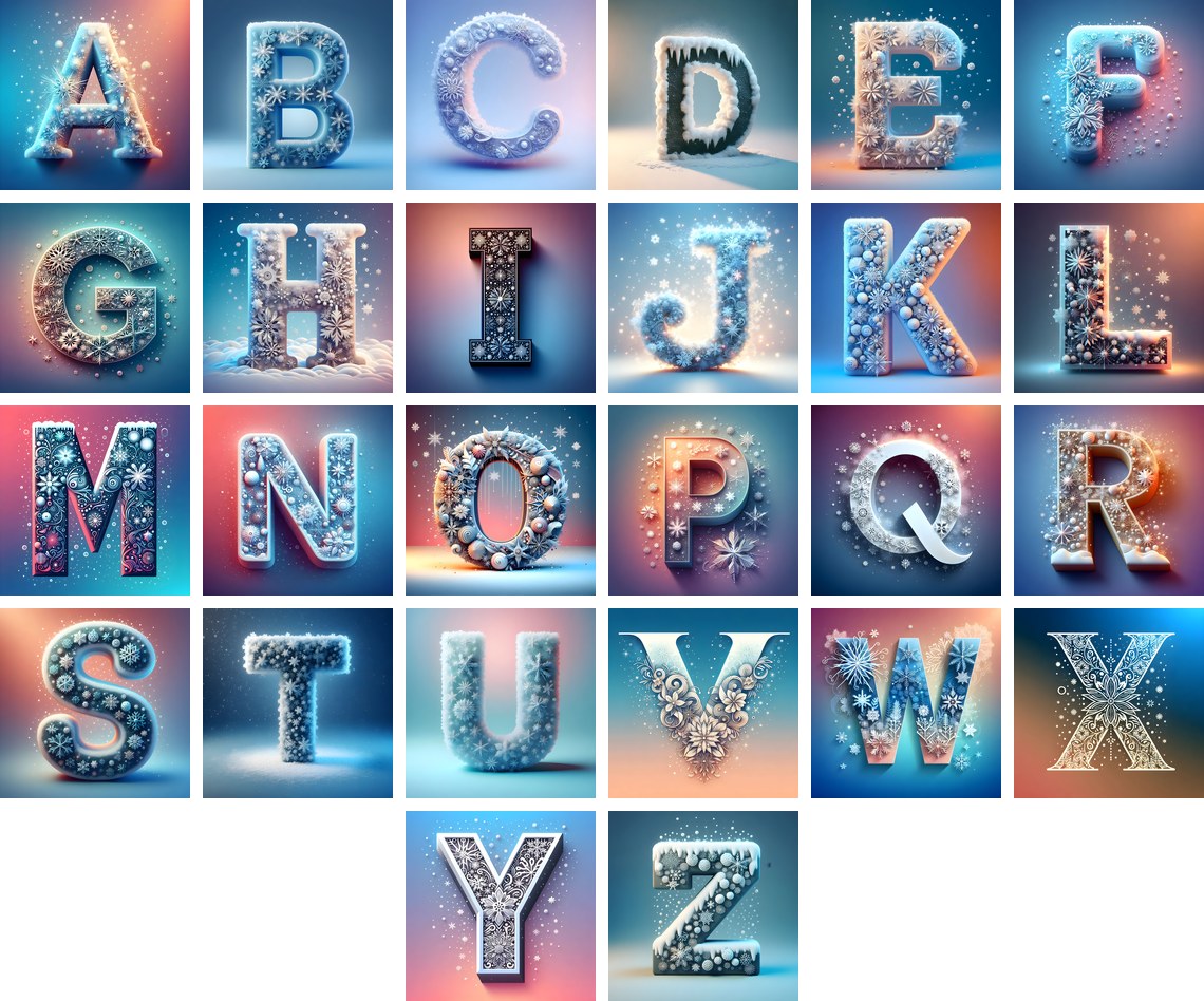 Snow Alphabet — choose your individual printable letter A to Z