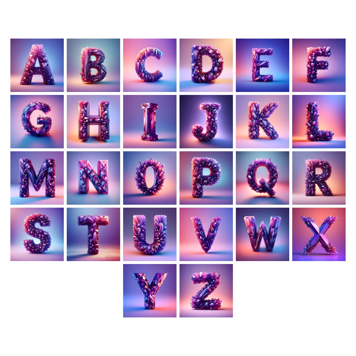 Amethyst Crystal alphabet — all 26 letters A to Z, choose any single letter