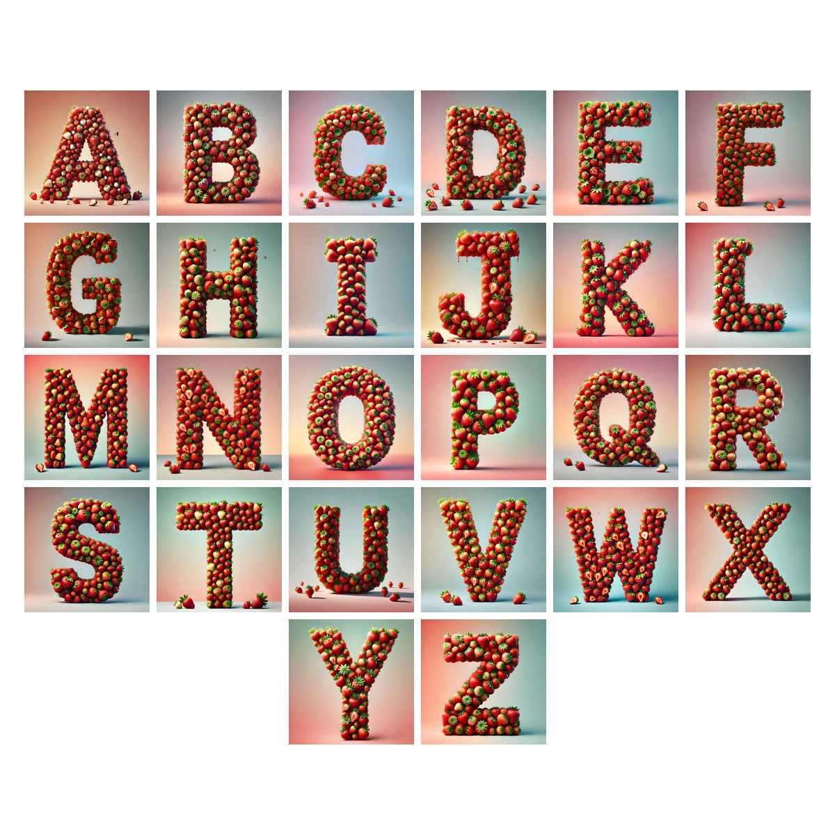 Strawberry Basket alphabet — all 26 letters A to Z, choose any single letter
