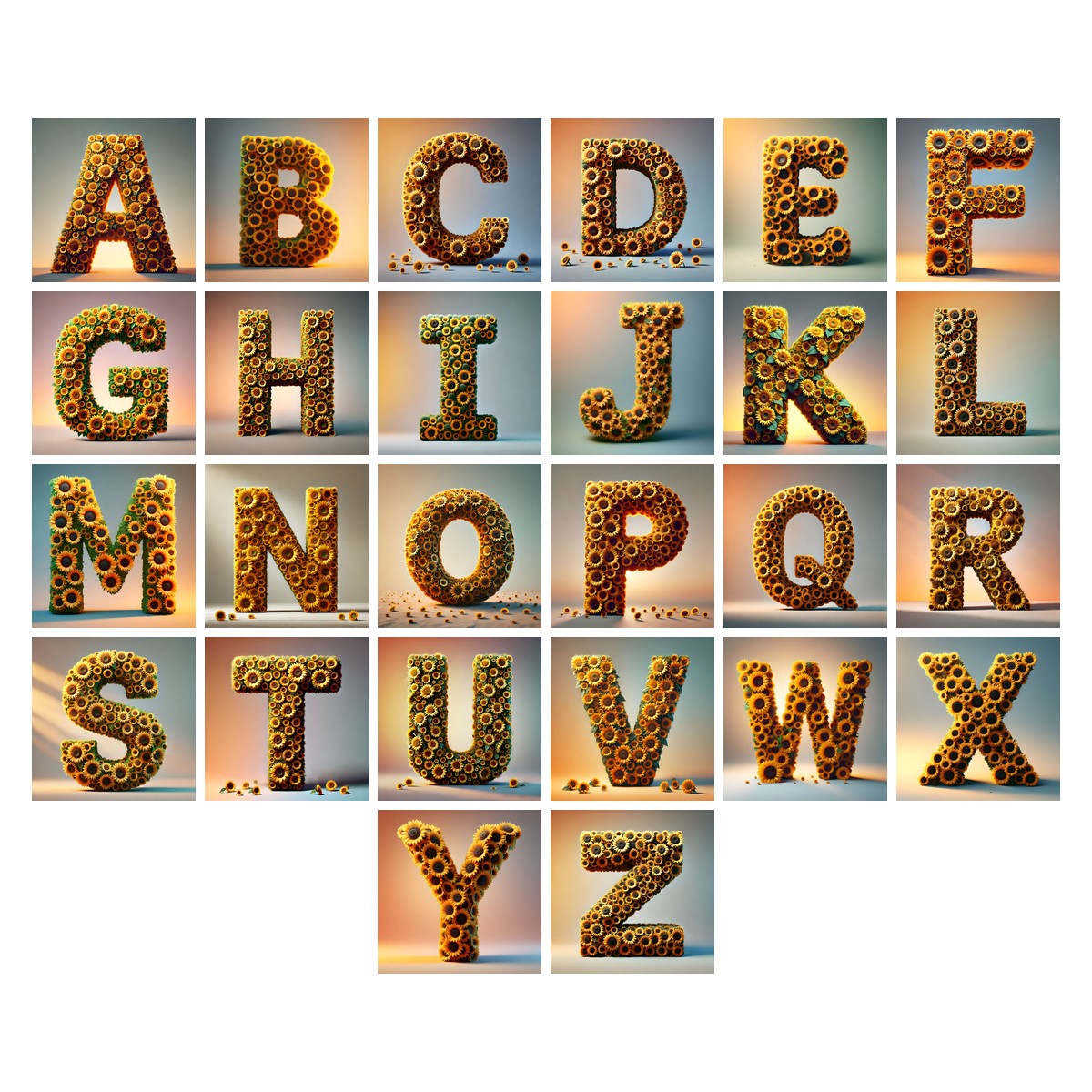 Amber Sunflower alphabet — all 26 letters A to Z, choose any single letter