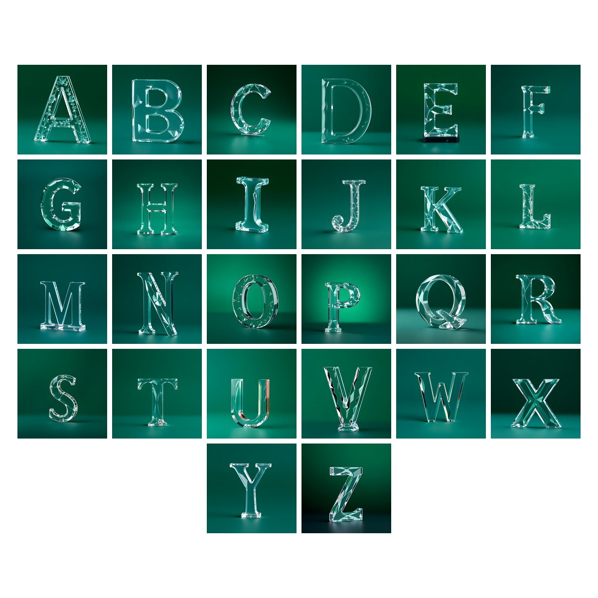 Glass Emerald Shine alphabet — all 26 letters A to Z, choose any single letter