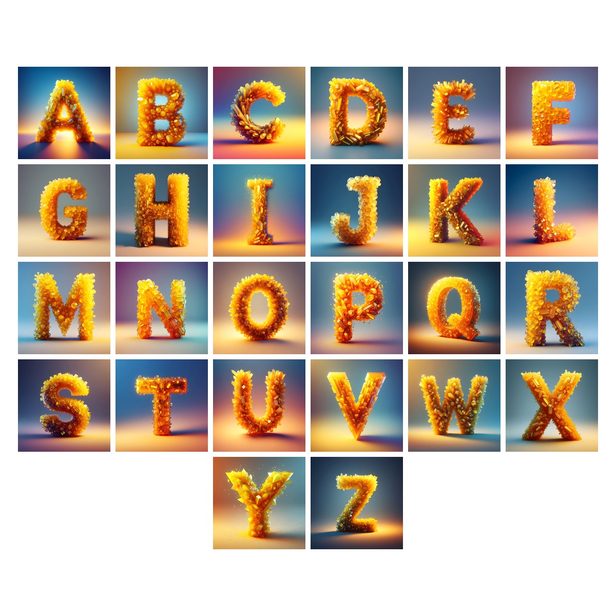 Citrine Crystal alphabet — all 26 letters A to Z, choose any single letter