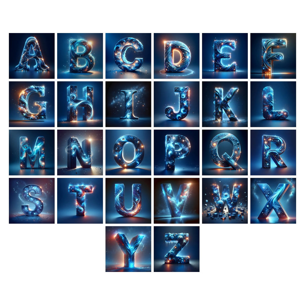 Celestial Blue Glow alphabet — all 26 letters A to Z, choose any single letter
