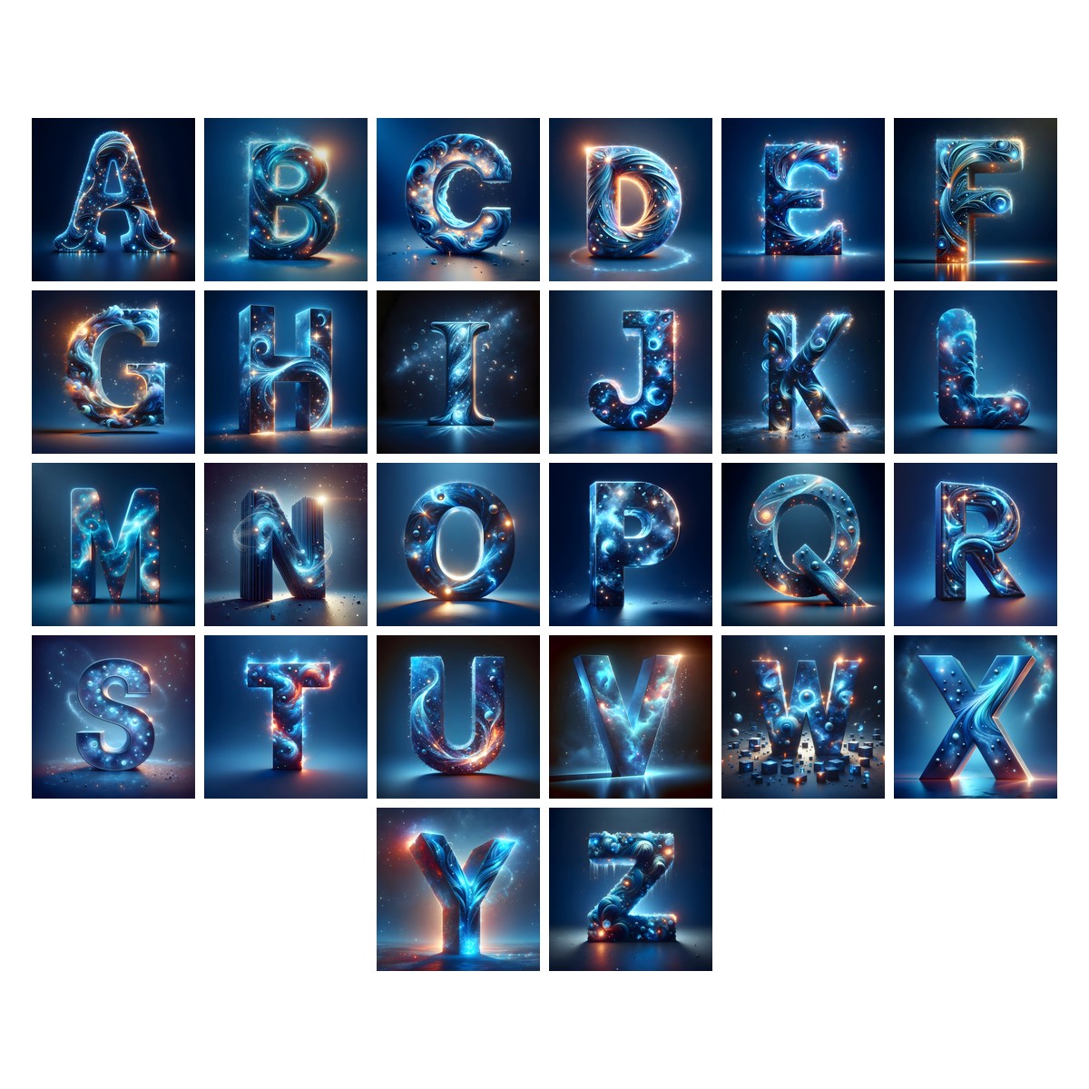 Celestial Blue Glow alphabet — all 26 letters A to Z, choose any single letter