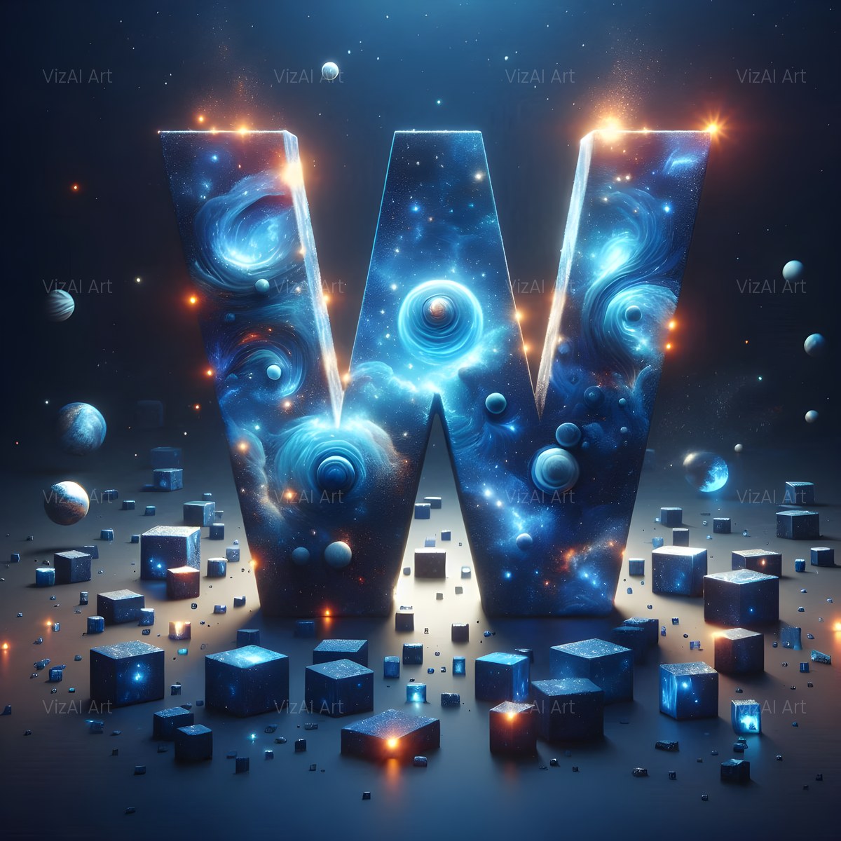 Celestial Blue Glow alphabet — printable letter W