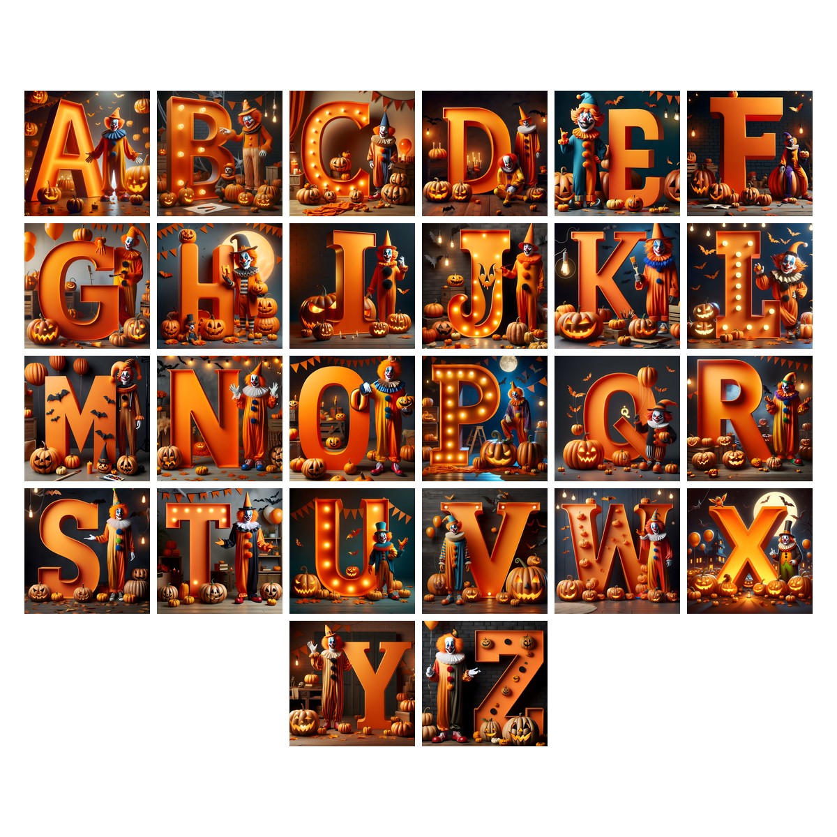 Carnival Clown Night alphabet — all 26 letters A to Z, choose any single letter