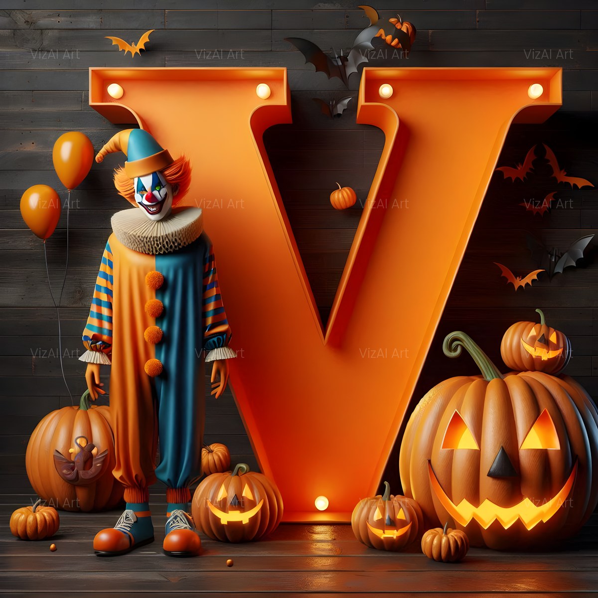 Carnival Clown Night alphabet — printable letter V