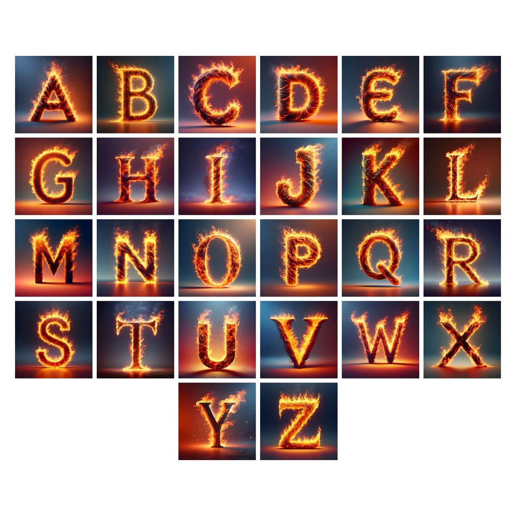 Blazing Flame alphabet — all 26 letters A to Z, choose any single letter
