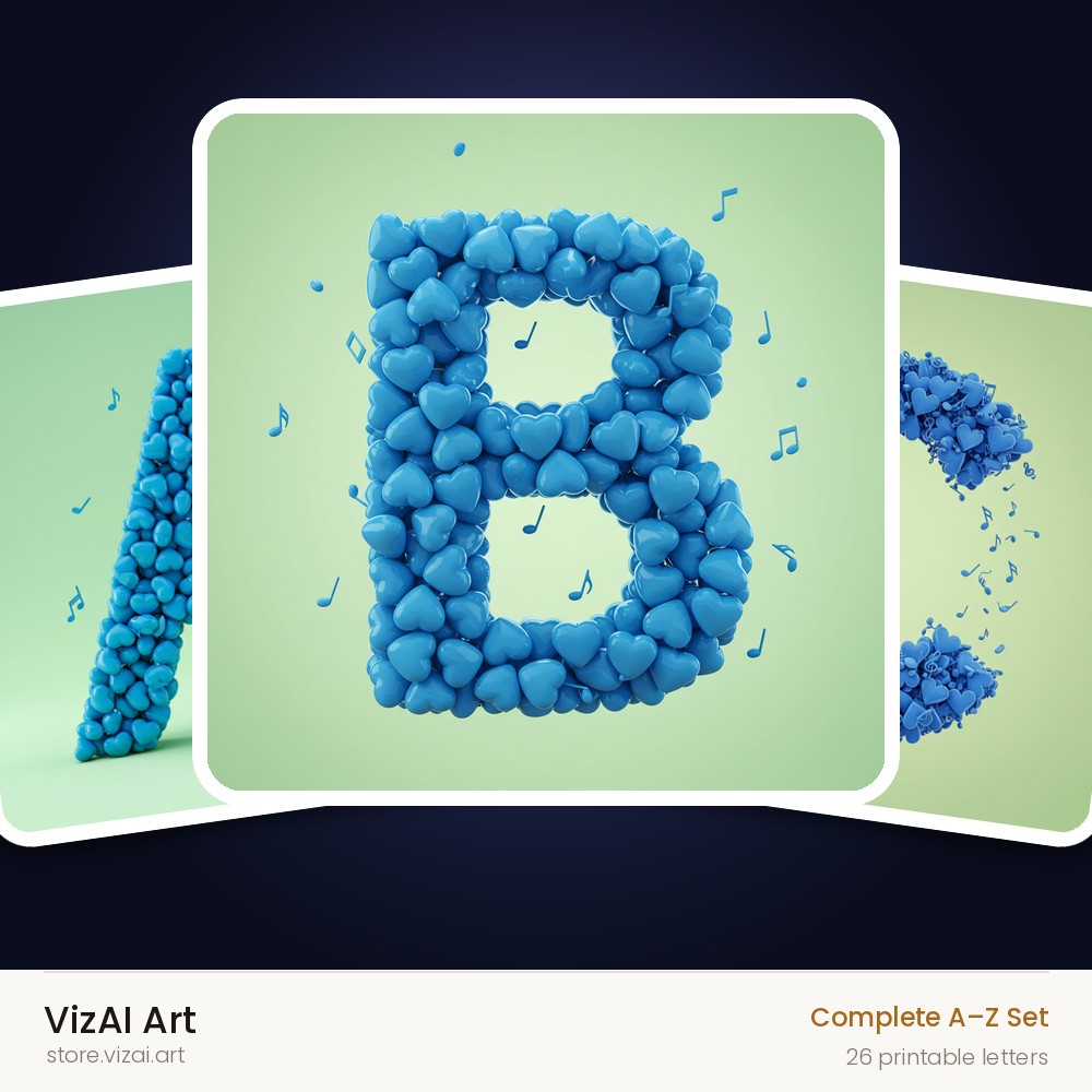Blue Heart Drift alphabet — choose an individual printable letter