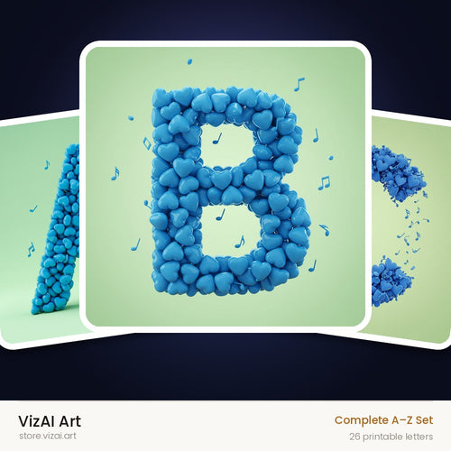 Blue Heart Drift alphabet — choose an individual printable letter
