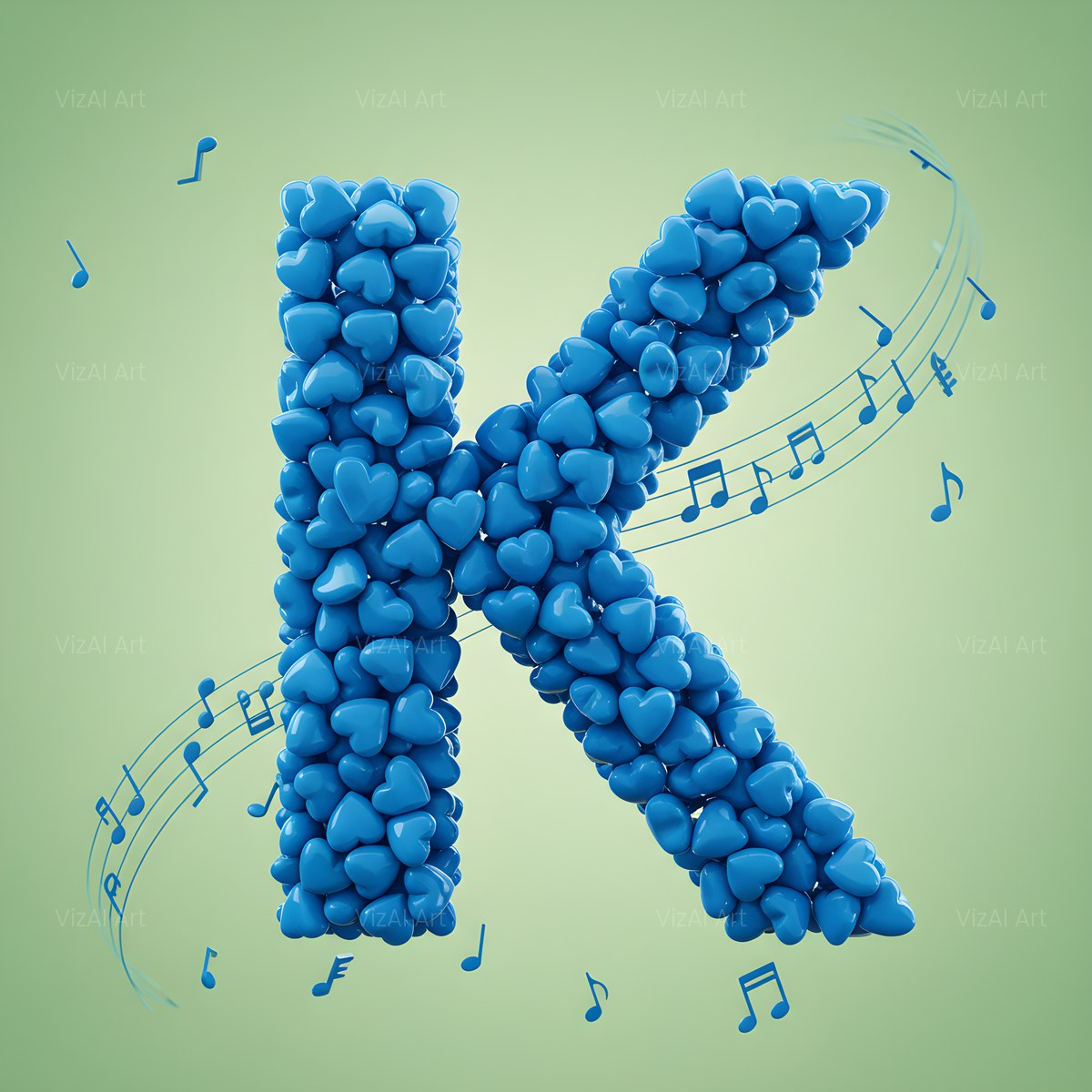 Blue Heart Drift alphabet — printable letter K